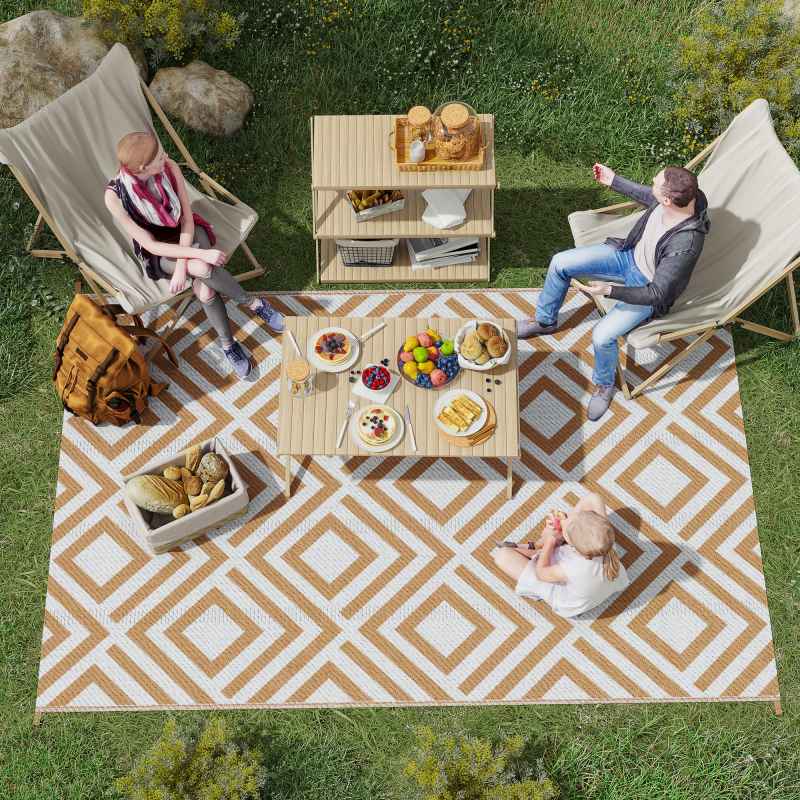 Outsunny Reversible Outdoor Rug with Carry Bag, Waterproof Plastic Straw Mat for Garden, Deck, RV, Picnic, Beach, Camping, 182 x 274cm, Brown