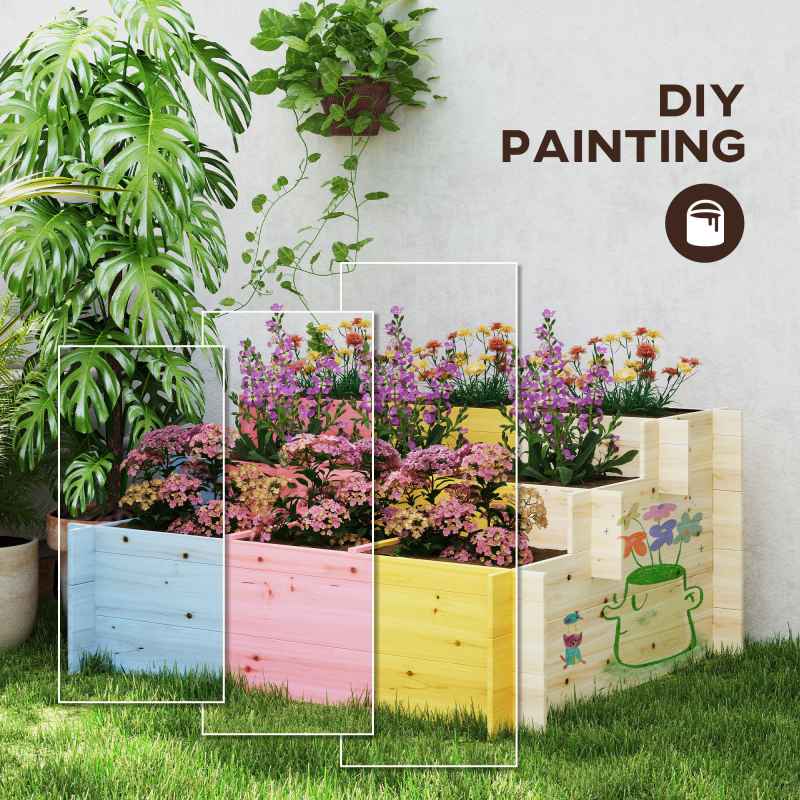 Outsunny 117cm x 100cm x 54cm 3 Tier Raised Garden Bed 376L Fir Wood Elevated Planter Flower Box with 9 Grow Grids and Non-woven Fabric for Vegetables, Flower, Herb Outdoor Indoor Use