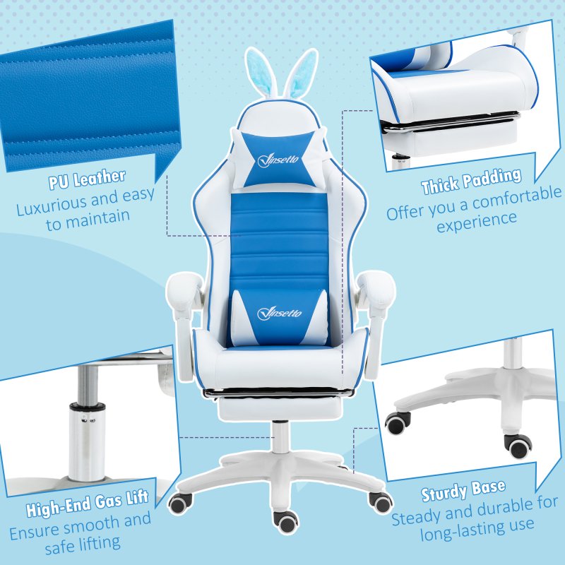 Vinsetto Reclining Racing Gaming Chair with Headrest and Lumber Support, PU Leather Computer Chair with Removable Rabbit Ears, Footrest, Blue