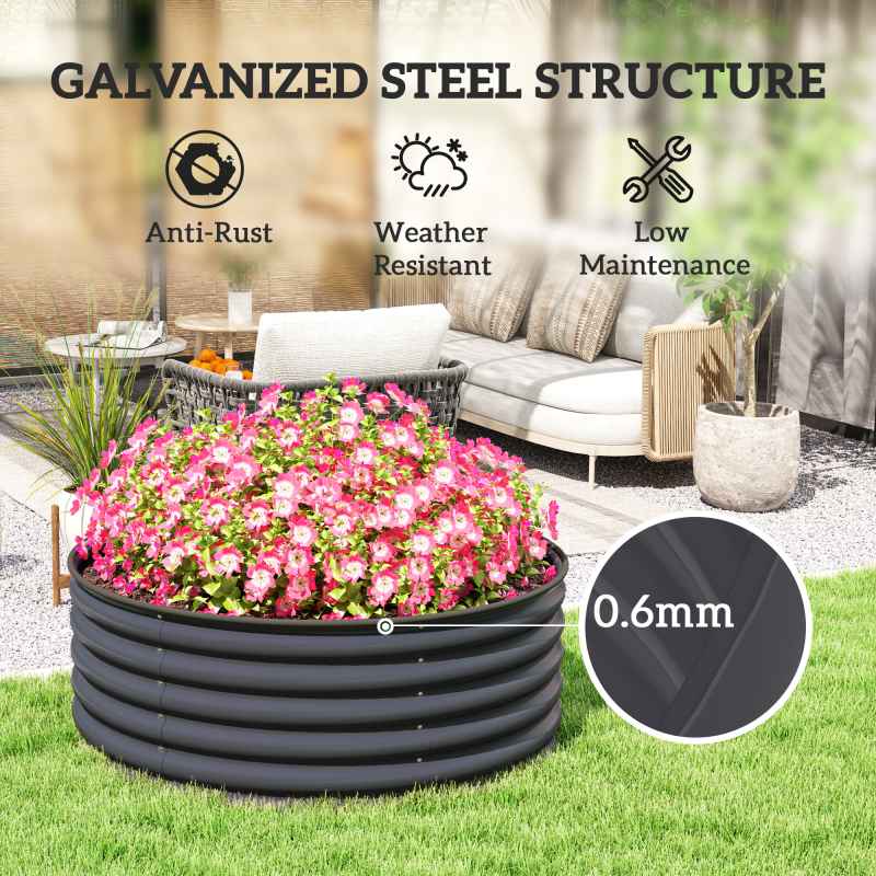 Outsunny Galvanised Raised Garden Bed with Safety Edging, Outdoor Raised Planter Box with Gloves and Open Bottom, Metal Raised Bed for Flowers, Vegetables and Herbs, 120 x 120 x 43cm, Dark Grey