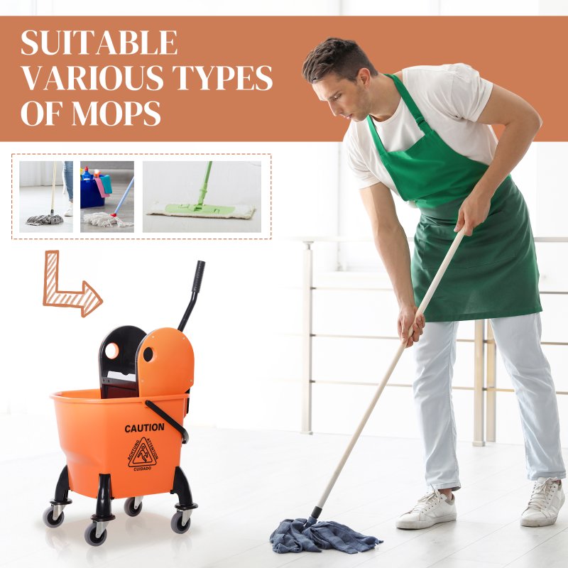 HOMCOM 26L Mop Bucket with Wringer, Mop Bucket on Wheels with Carry Handle, Mop Holder, Plastic Body for Household, Orange