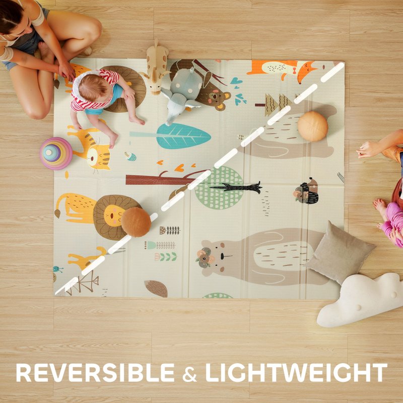 AIYAPLAY Baby Play Mat Double Sided, Foldable & Reversible Activity Playmat, Waterproof Kids Foam Crawling Mat for Outdoor Indoor Playtime Picnics, 177 x 146 x 1.5cm, Animal Theme