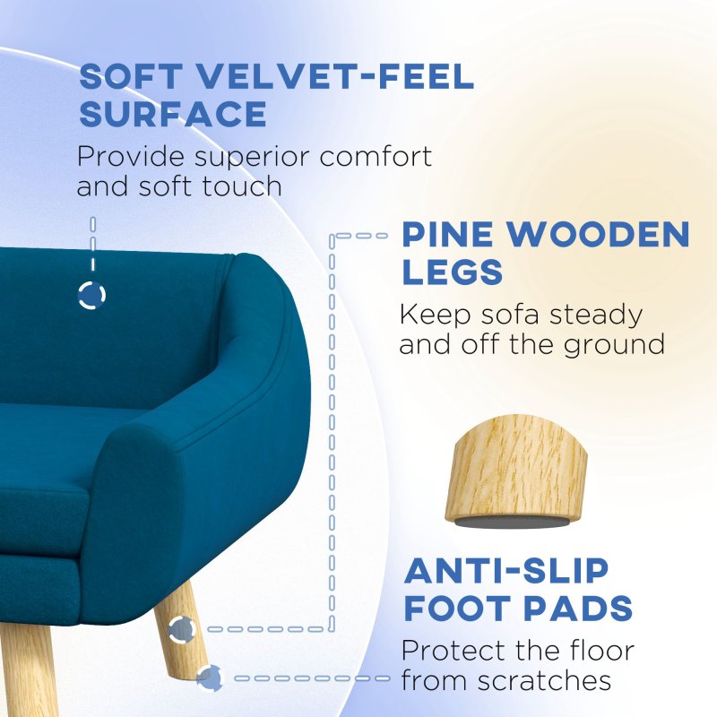 PawHut Dog Sofa Bed with Soft Cushion, Pet Couch with Wooden Frame, Removable and Washable Cover, for Medium and Large Dogs, Blue
