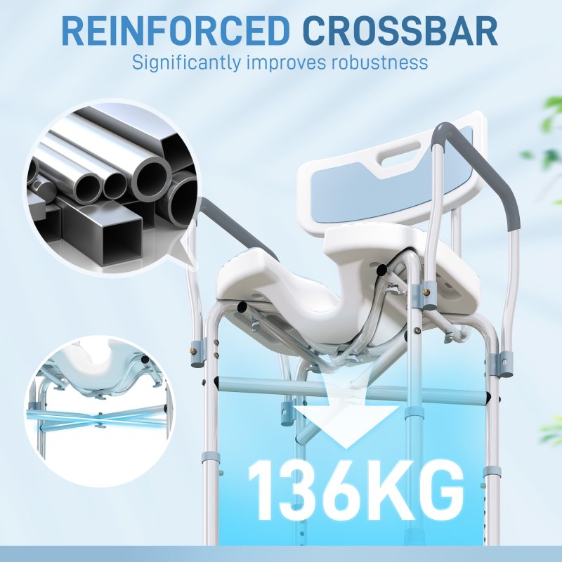 HOMCOM Shower Chair with Upgraded U-shaped Seat and Reinforced Crossbars, Height Adjustable Padded Bath Chair with Non-slip Feet for Elderly Seniors Disabled Handicap, Tool-Free Assembly