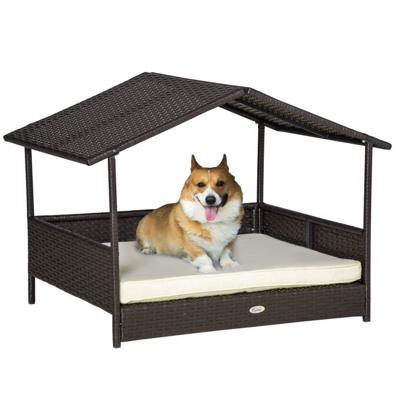 PawHut Wicker Dog Bed, Elevated Rattan Dog House with Removable Cushion and Canopy, for Small and Medium Dogs, 98 x 69 x 70cm - Cream
