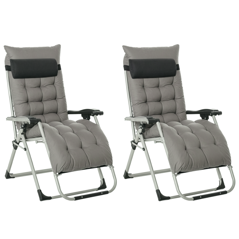Outsunny 2 Piece Reclining Zero Gravity Chair Metal Frame Folding Garden Sun Lounger with Cushion Headrest, Dark Grey