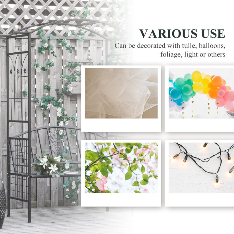 Outsunny Metal Garden Bench with Arch Arbour, Outdoor Patio Loveseat Bench Seat with Rose Trellis Pergola Climbing Plant Archway Tubular - 154L x 60W x 205Hcm