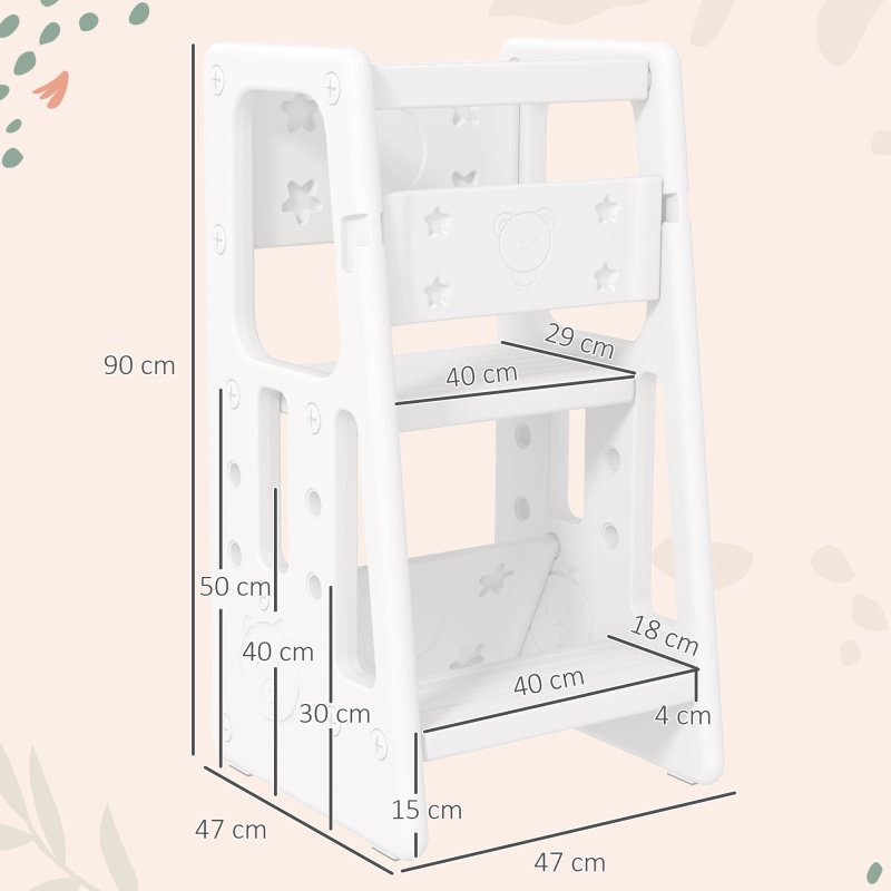 HOMCOM Kids Step Stool, Adjustable Standing Platform, Toddler Kitchen Stool, Standing Tower for Kids, Kitchen Counter with Three Adjustable Heights - White