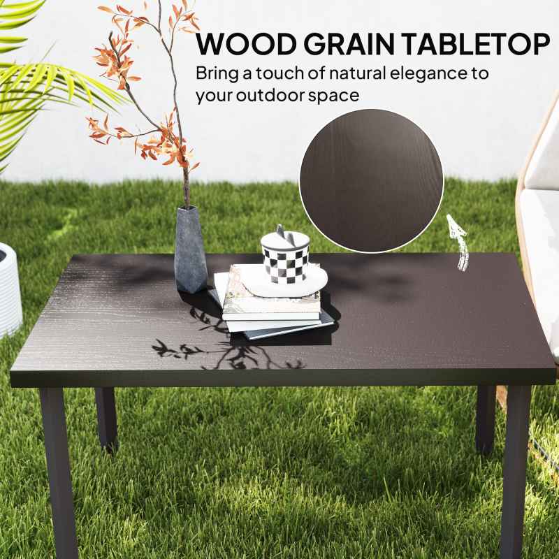 Outsunny Metal Garden Coffee Table, Rectangular Outdoor Side Table with Woodgrain Tabletop, Foot Pads for Outside, Garden, Balcony, Porch, 95 x 55 x 46cm, Brown