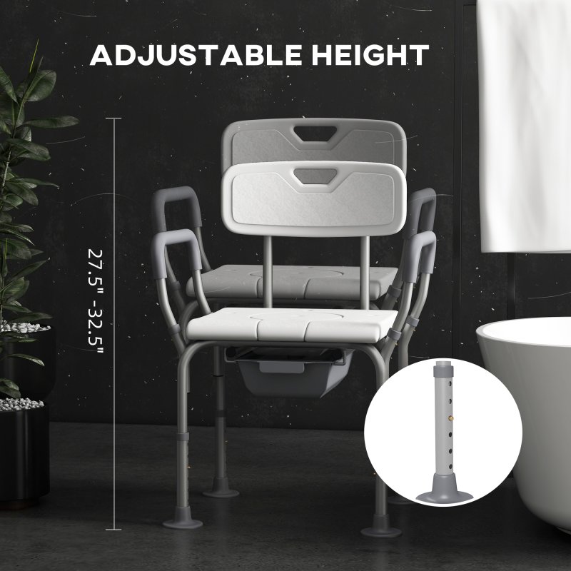 HOMCOM Height Adjustable Shower Chair with Arms and Back, Non-Slip Shower Stool, Bedside Commode with Detachable Bucket for Elderly, Seniors, Disabled, White