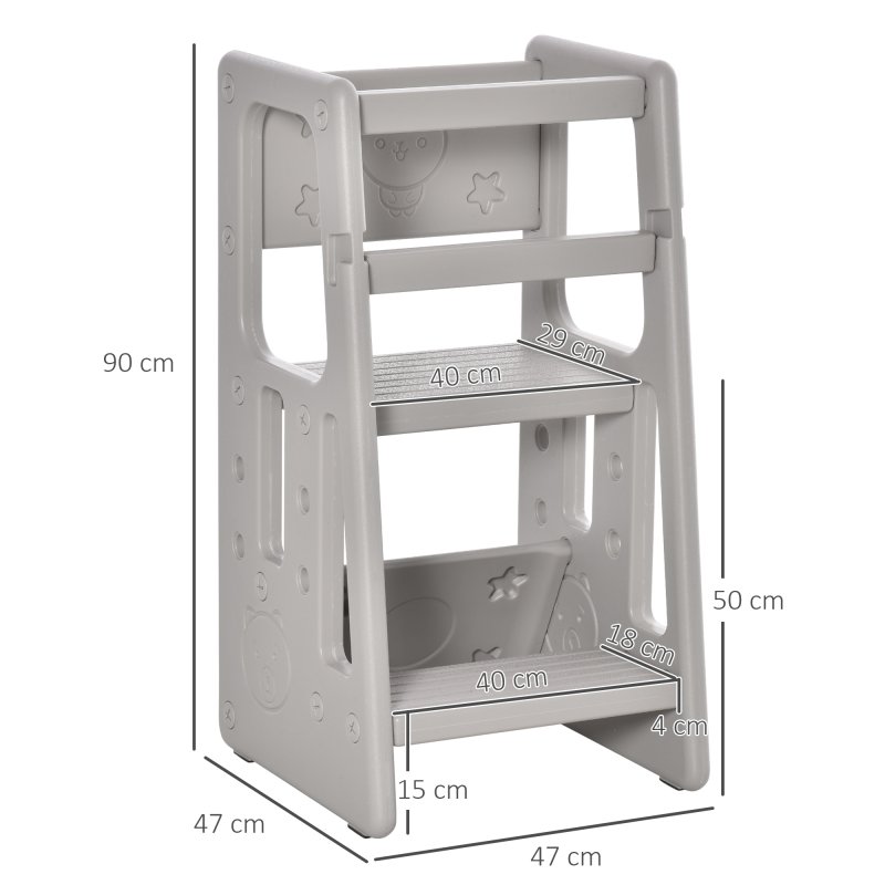 HOMCOM Kids Step Stool, Adjustable Standing Platform, Toddler Kitchen Stool , Standing Tower for Kids, Kitchen Counter with Three Adjustable Heights - Grey