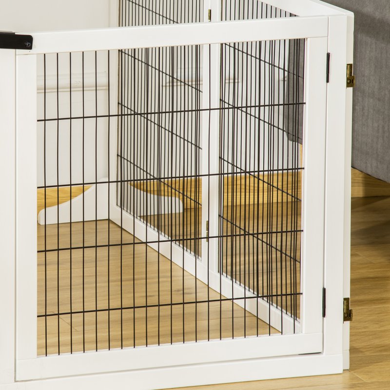 PawHut Freestanding Pet Gate, 6 Panel Foldable Playpen, Wooden Dog Gate with 2 Support Feet, for Stairs, Doorway - White