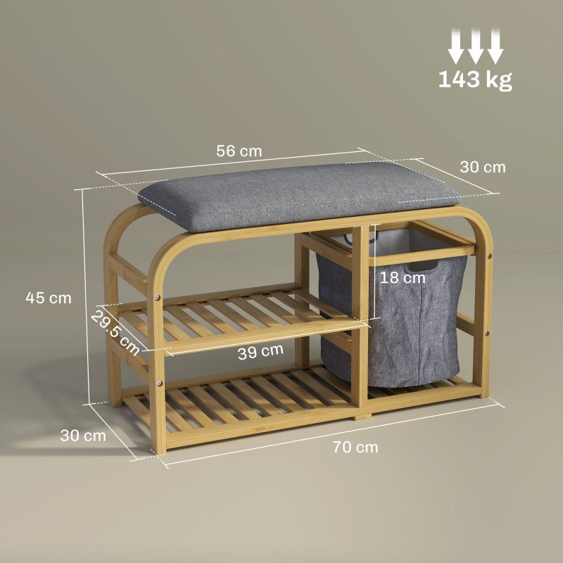 HOMCOM Bamboo Shoe Bench with Cushion, Shoe Rack Bench with 2 Slatted Shelves and Pull-Out Fabric Basket for Hallway, Entryway, Living Room, Nature Wood Finish