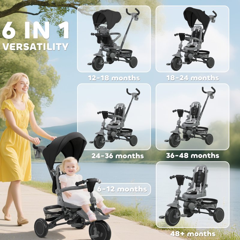 AIYAPLAY Kids Trike, 6 in 1 Toddler Tricycle with Adjustable Parent Handle & Canopy, Convertible Seat, for Ages 1-5 Years, Foldable Baby Trike with Safety Harness, Storage Basket & Bag, Black