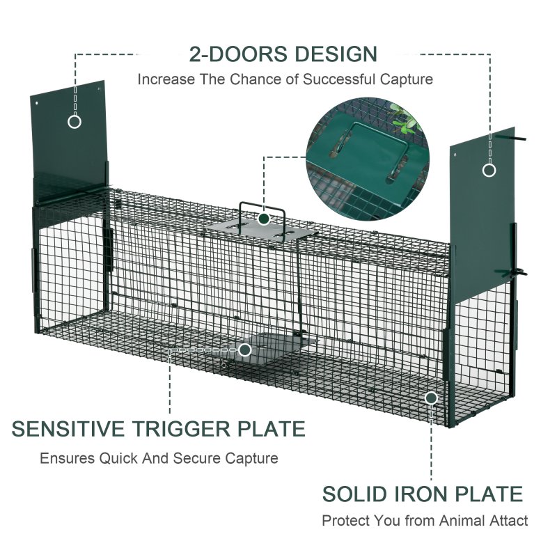 PawHut Two-Door Live Trap for Small Animals, Outdoor and Indoor Animal Trap for Rat, Mice, 100 x 25 x 28cm - Dark Green