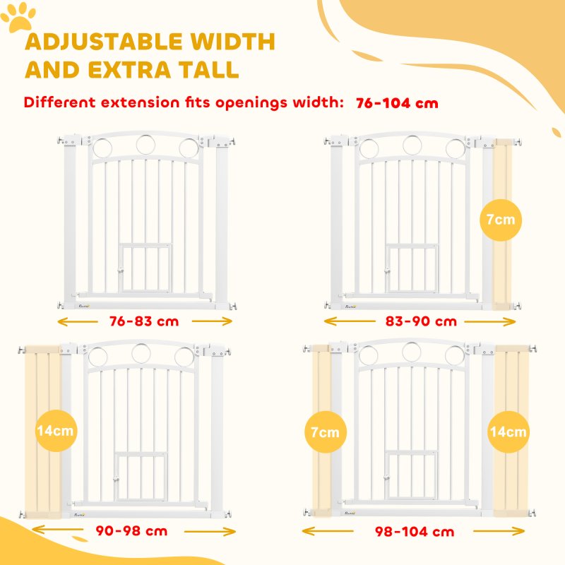 PawHut Stair Gate, 77cm Extra Tall Dog Gate with Adjustable Width, 76-104cm Pressure Fit Safety Gate with Cat Door, 7cm and 14cm Extensions, for Stairs, Doorways, Easy Installation, White
