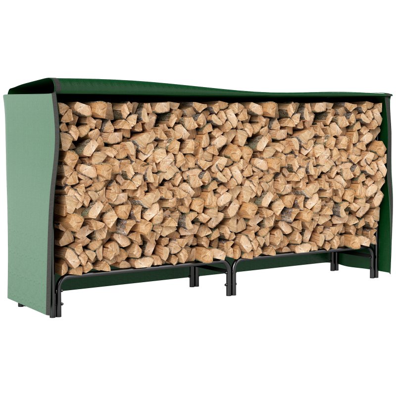 Outsunny Firewood Rack with Waterproof Cover, Heavy Duty Metal Log Store Indoors, Log Storage Holder for Outdoor Indoor Fireplace, 200 x 36 x 99 cm, Dark Green