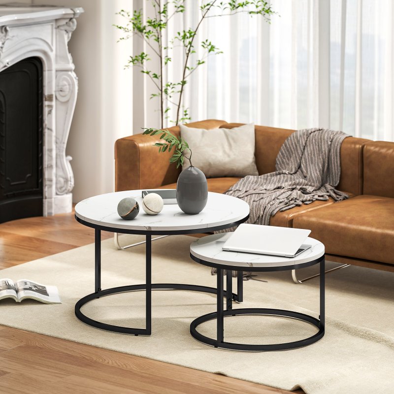 HOMCOM Round Nesting Coffee Table Set of 2, Large Stacking End Side Table with Steel Frame for Living Room, Bedroom, Home Office, 78.5 x 78.5 x 46.5 cm, Marble White