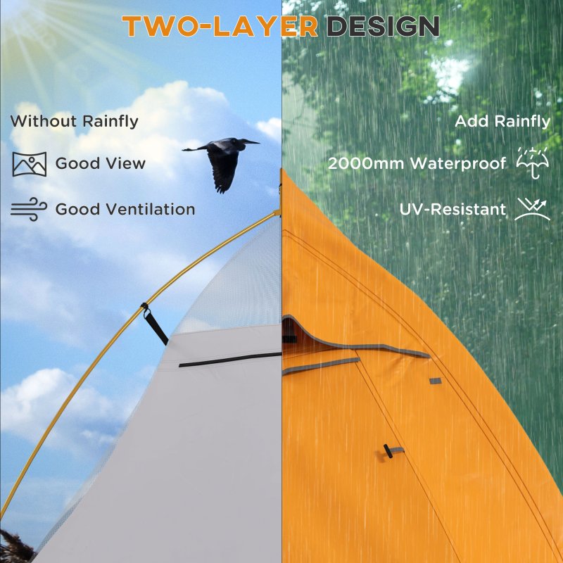 Outsunny 1-2 Man Camping Tent, Double Layer Dome Tent with 2000mm Waterproof Rainfly and Carry Bag, Lightweight for Fishing, Travel, Hiking, Sports, Festival, Orange