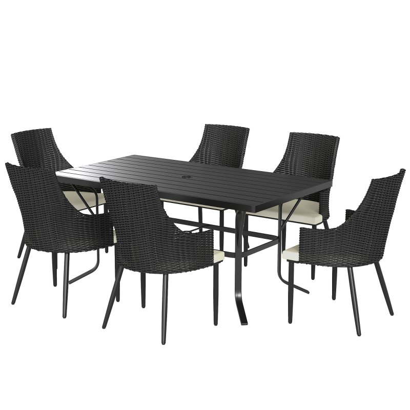 Outsunny 6 Seater Rattan Dining Set with Cushions, Garden Furniture Set with Armchairs, Rectangle Slatted Table Top, Steel Frame, Parasol Hole, Wicker Outdoor Furniture for Patio, Balcony, Cream White