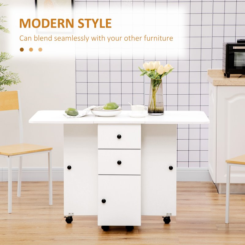HOMCOM Folding Dining Table for 4-6, Rolling Drop Leaf Table on Wheels with Storage Drawers, Cabinet and Open Shelf for Kitchen, Dining Room