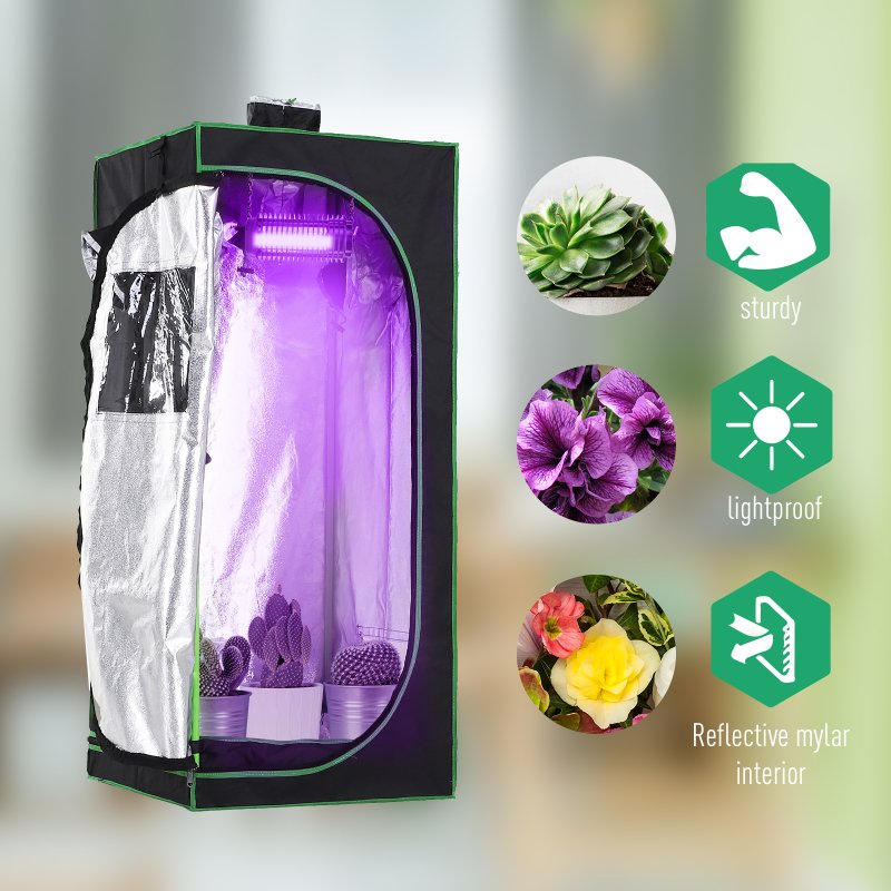 Outsunny Grow Tent Reflective Mylar Hydroponic with Adjustable Vents and Floor Tray for Indoor Plant Growing, 60 x 60 x 140 cm (24.5