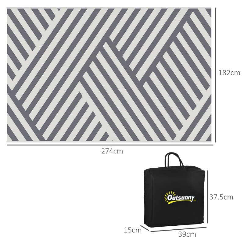 Outsunny Reversible Outdoor Rug with Carry Bag, Waterproof Plastic Straw Mat for Garden, Deck, RV, Picnic, Beach, Camping, 182 x 274cm, Grey and Cream