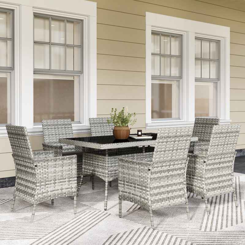 Outsunny Rattan Garden Furniture Set, 6 Seater Outdoor Dining Table and Chairs with Cushions, 150 x 90cm Rectangular Tempered Glass Table, 6 Armchairs, for Terrace, Conservatory, Balcony, Mixed-Grey