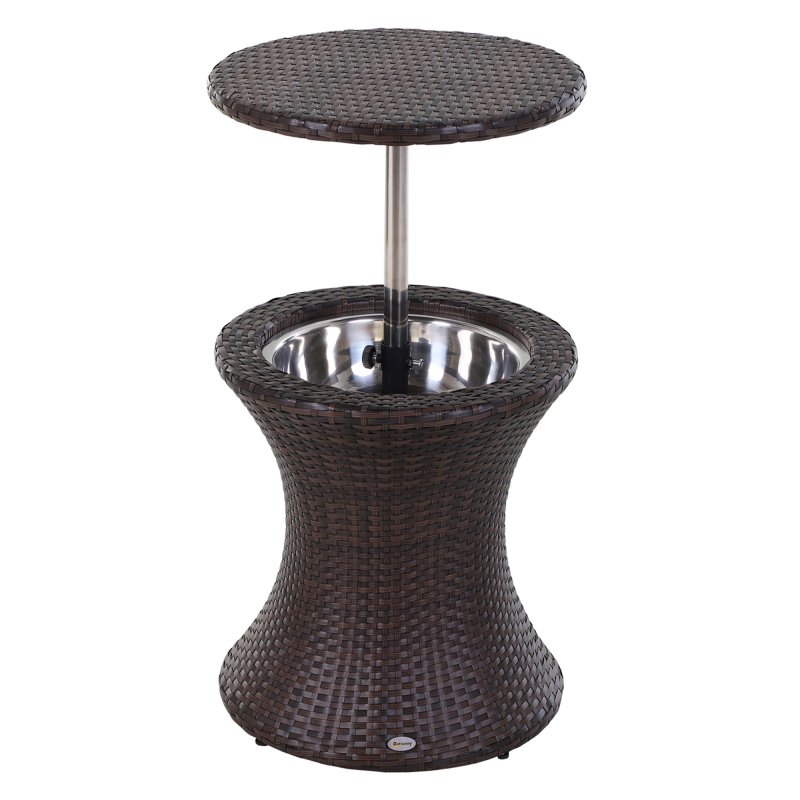Outsunny PE Rattan Ice Bucket Table, Height Adjustable Liftable Outdoor Drinks Cooler, 52 cm Round Garden Beer Cocktail Table with Lid for Bar, Patio, Terrace, Brown