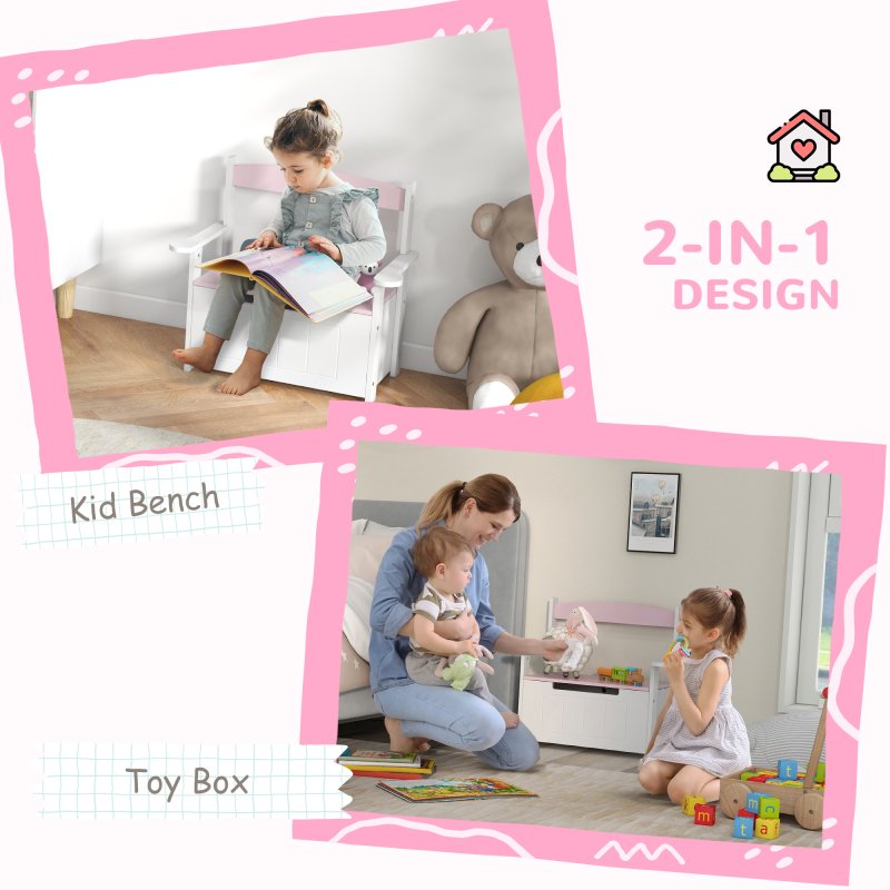 AIYAPLAY Toy Box, 2 in 1 Toy Storage Chest Kids with Lid, Large Toy Storage Organiser Bench for Bedroom, Nursery, Playroom, Pink
