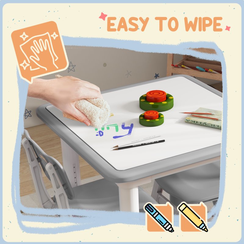 AIYAPLAY Kids Table and Chair Set, 3 Pcs Height Adjustable Activity Table Set with 2 Chairs, Easy to Wipe Arts & Crafts Table, for Classrooms, Daycares, Homes - Grey