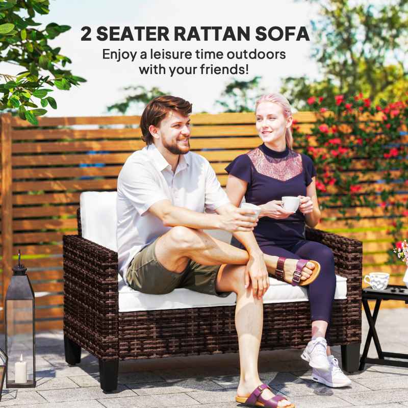 Outsunny 2 Seater Rattan Sofa with Cushions, Wicker Garden Loveseat with Armrests, Outdoor Garden Sofa Couch with Steel Frame for Balcony, Porch, Brown
