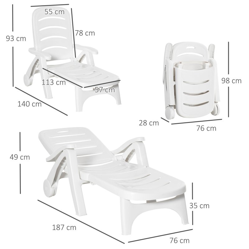 Outsunny Set of 2 Folding Sun Lounger with Wheels, 5-Position Adjustable Outdoor Deck Chair Furniture, Garden Beach Patio Pool Lounger Recliner Seat, White