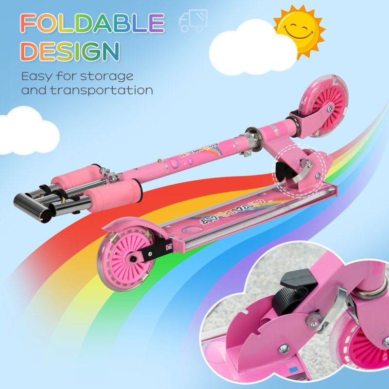 HOMCOM Kids Scooter with Lights, Music, Adjustable Height, Foldable Frame, LED Wheels, for Ages 3-7 Years - Pink