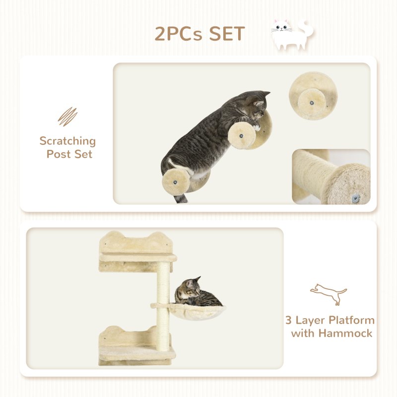 PawHut 4 Piece Cat Shelves Cat Wall Furniture Wall-Mounted Cat Tree for Indoor Cat w/ Hammock, Steps, Platforms, Scratching Post - Beige