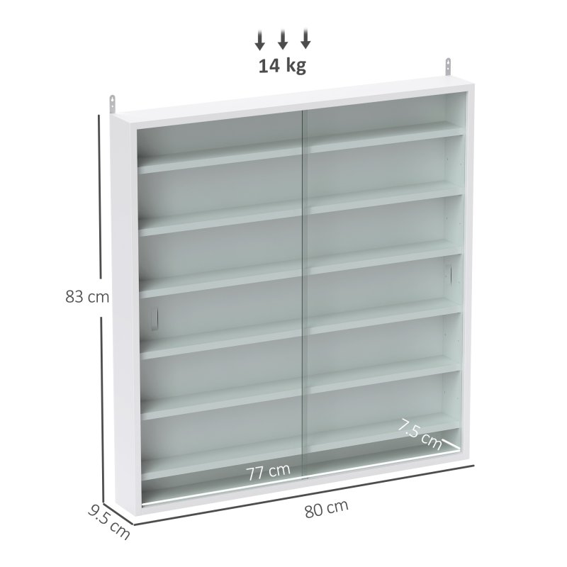 HOMCOM 7-Tier Wall Mounted Display Cabinet, Display Case with 6 Adjustable Shelves, Glass Doors for Home Office Ornaments 83x80cm, White