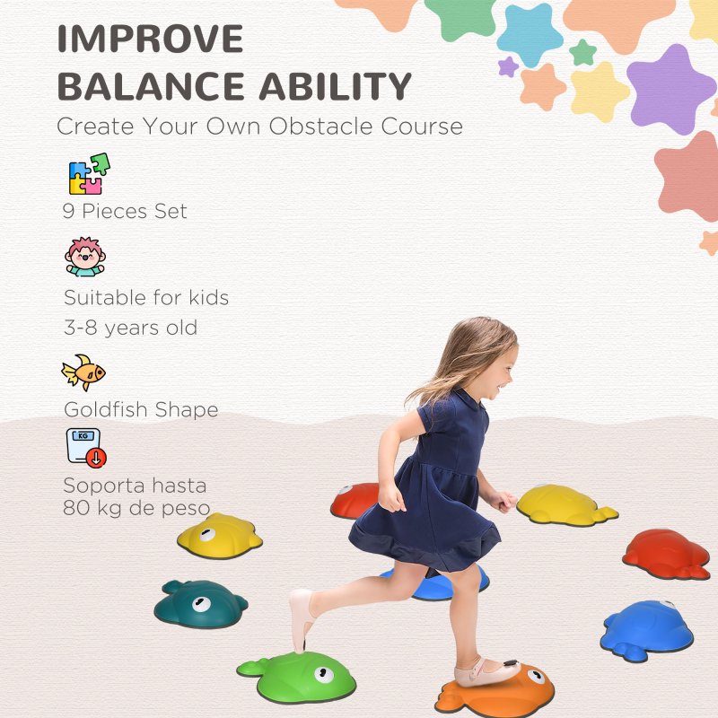 AIYAPLAY Stepping Stones Kids, 9 Pcs Goldfish Shaped Balance Stepping Stones for Sensory with Non-slip Edge, Outdoor Indoor Obstacle Course Stackable Balance Blocks, River Stones