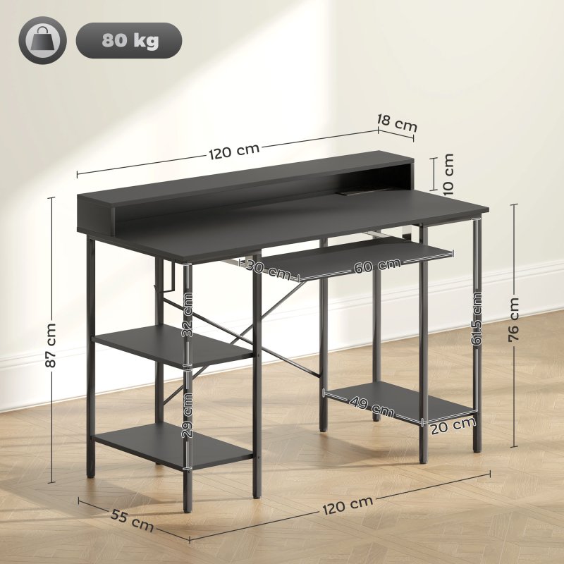 HOMCOM Computer Desk with LED Lights and Power Outlets, 120 x 55 cm Gaming Desk with Monitor Stand, Sliding Keyboard Tray and Storage Shelves for Home Office, Black