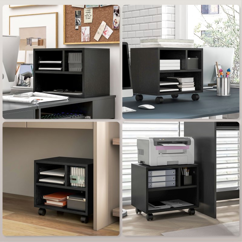 HOMCOM 2-Tier Printer Stand with Storage, Under Desk Printer Cart on Wheels with 3 Compartments, Desktop Printer Table for Home Office, Black