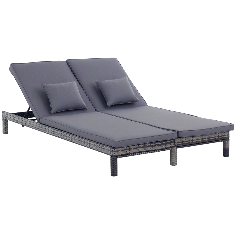 Outsunny Double Rattan Sun Lounger, Garden Daybed with 5-Level Adjustable Backrest, Outdoor Lounge Sunbed with Cushion and Pillows, 2 Seater Wicker Patio Furniture, Grey