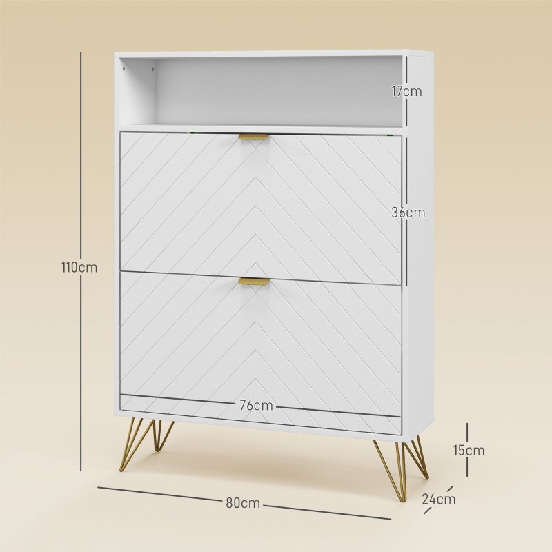 HOMCOM Narrow Shoe Cabinet with 2 Flip Drawers, Slim Shoe Storage Cabinet with Adjustable Shelves, Open Shelf, Hairpin Legs and 2 Vents for 12 Pairs of Shoes for Entryway, White
