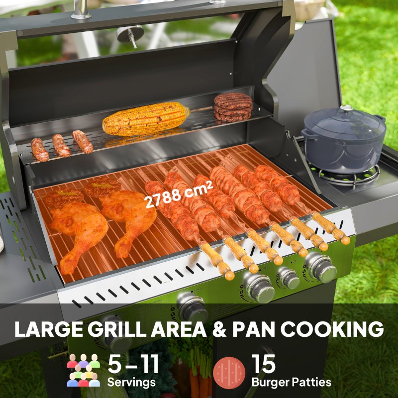 Outsunny 4+1 Burner Gas BBQ Grill with Clear View Lid, Portable Gas Barbecue Grill with Built-in Thermometer, Side Table, Cabinet, Wheels, Grease Tray for Garden Party Outdoor Cooking, Black