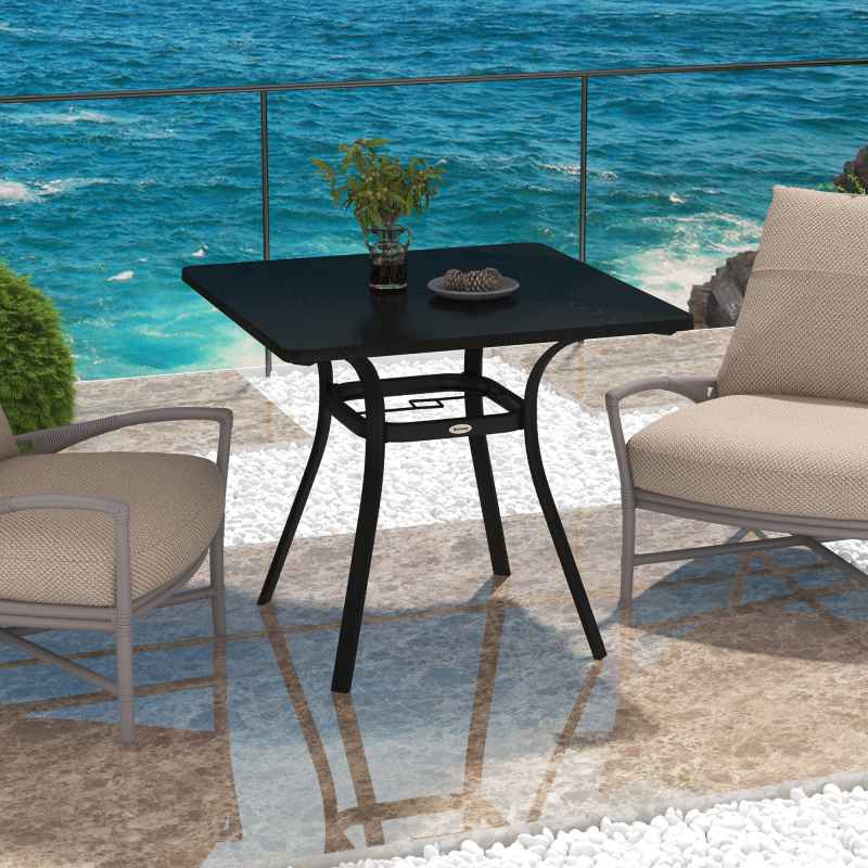 Outsunny Garden Dining Table, Outdoor Square Coffee Table with Wood Grain Effect Steel Tabletop, Parasol Hole and Foot Pads for Balcony, Porch, Black