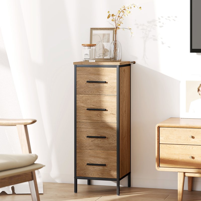 HOMCOM Narrow Bathroom Storage Cabinet, Industrial Slim Bathroom Storage Unit with 4 Drawers and Steel Frame for Small Spaces, 30 x 30 x 82 cm, Oak