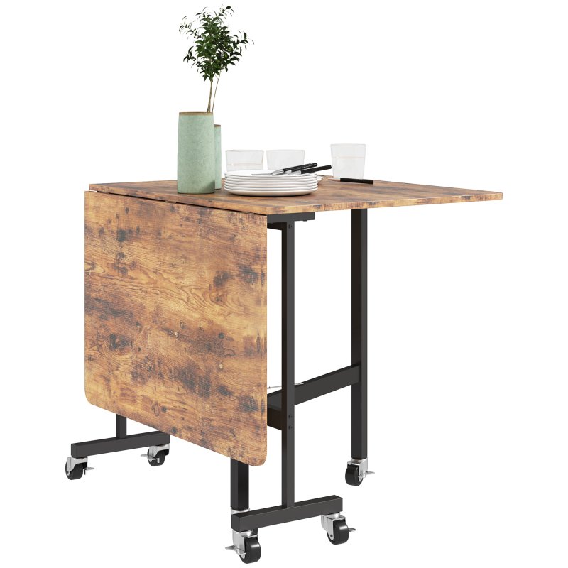 HOMCOM Mobile Drop Leaf Table, Folding Dining Table with 6 Wheels & Brakes, Kitchen Table for Small Spaces, Rustic Brown