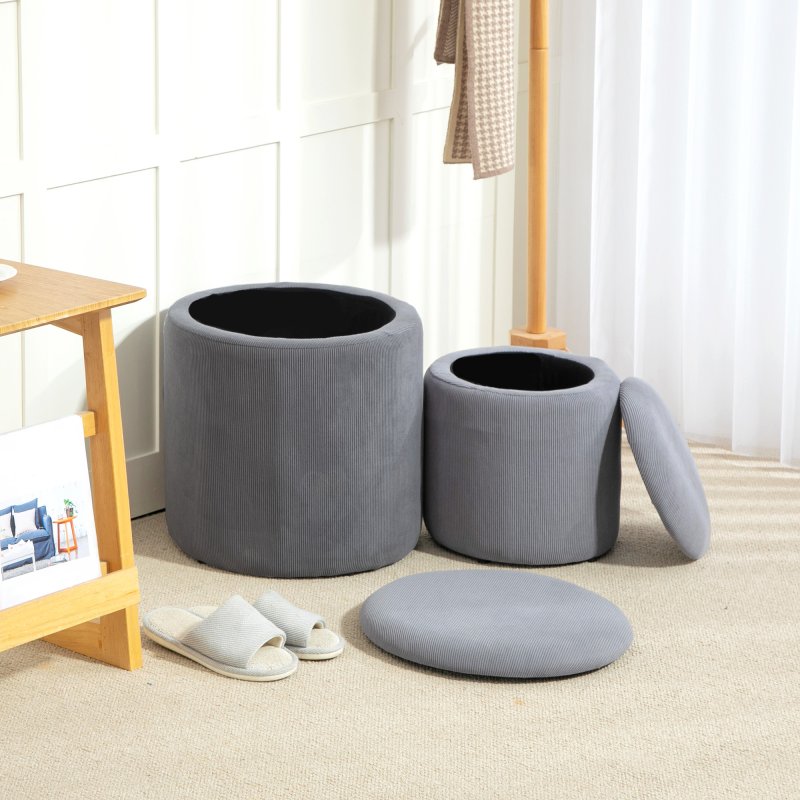 HOMCOM Set of 2 Round Ottoman with Storage, Fabric Vanity Stool for Makeup, Footrest Stool with Removable Lid for Living Room & Bedroom