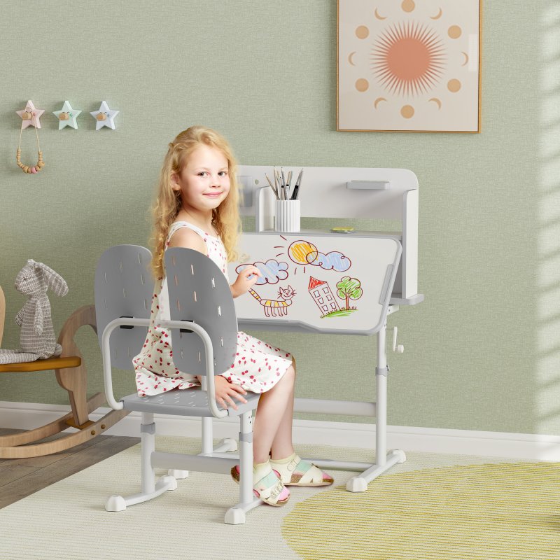 AIYAPLAY Kids Desk and Chair Set, Height Adjustable Children School Study Desk, Student Writing Desk with Tiltable Desktop Drawer, Pen Slot, Reading Rack for Ages 3-13 Years, Grey
