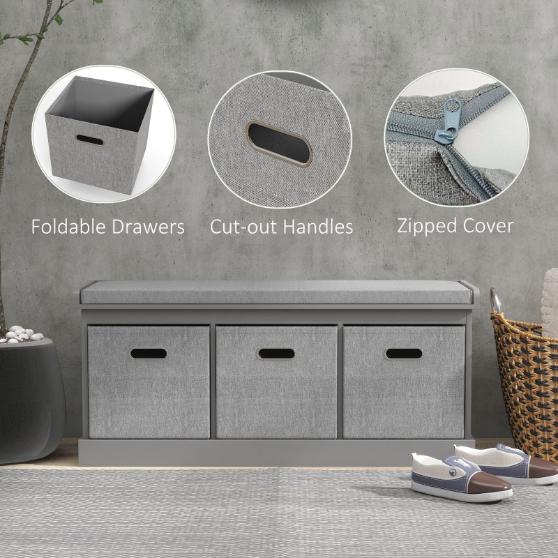 HOMCOM Shoe Bench with 3 Fabric Baskets, Shoe Storage Bench with Seat Cushion, Shoe Cabinet for Entryway, Hallway, Living Room, Bedroom