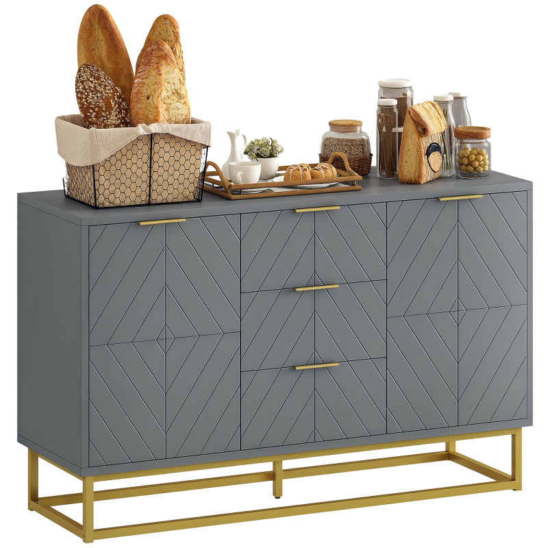 HOMCOM Sideboard for Living Room, Modern Storage Cabinet with 3 Drawers and Adjustable Shelves, Freestanding Cupboard for Dining Room, Kitchen, Grey