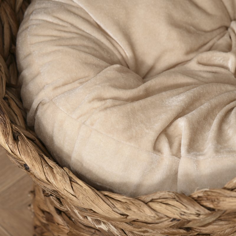 PawHut Woven Banana Leaf Elevated Cat Bed Wicker Kitten Basket Pet Den. House Cosy Cave with Soft Cushion Dome 50x42x60cm Brown